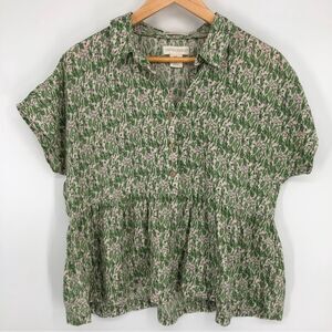 Cynthia Rowley Shirt Womens Medium 100% Linen Leaf Print Botanical Henley Peplum